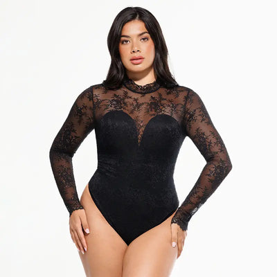 Deep V-Neck Sheer Lace Bodysuit with Built-In Bra & Tummy Control