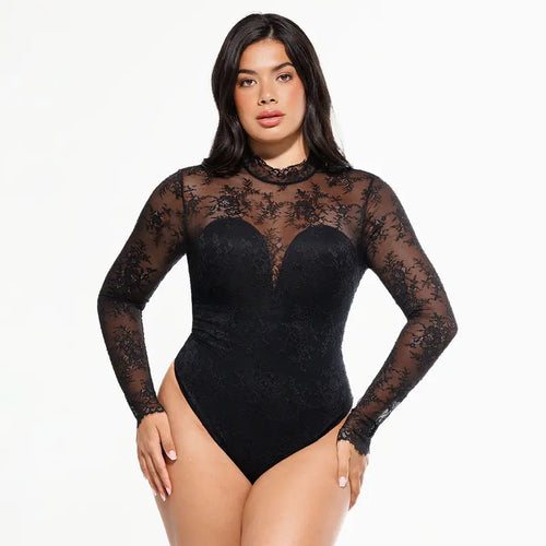 Deep V-Neck Sheer Lace Bodysuit with Built-In Bra & Tummy Control
