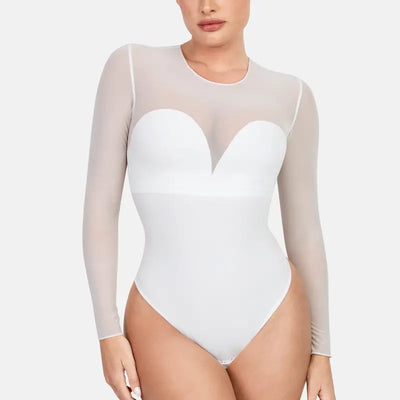 Deep V-Neck Sheer Lace Bodysuit with Built-In Bra & Tummy Control