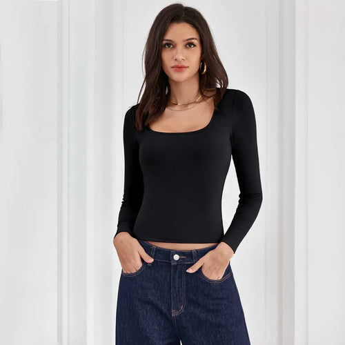 Square Neck Long Sleeve Top with Built-In Bra