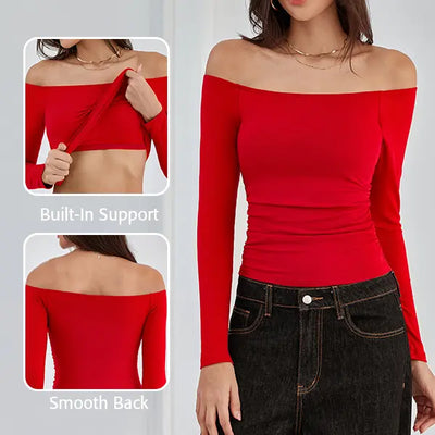 Off-the-Shoulder Long-Sleeve Ribbed Top with Built-In Bra