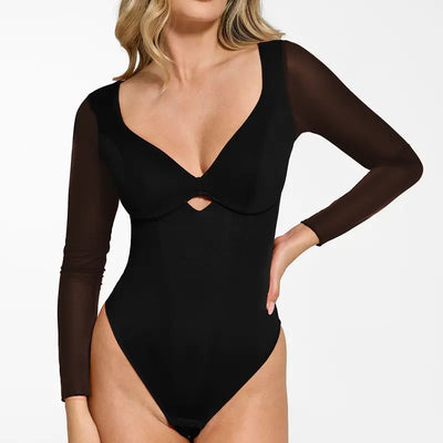 Deep V-Neck Sheer Lace Bodysuit with Built-In Bra & Tummy Control