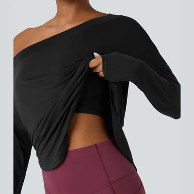 One-Shoulder Long-Sleeve Relaxed Top with Built-In Bra