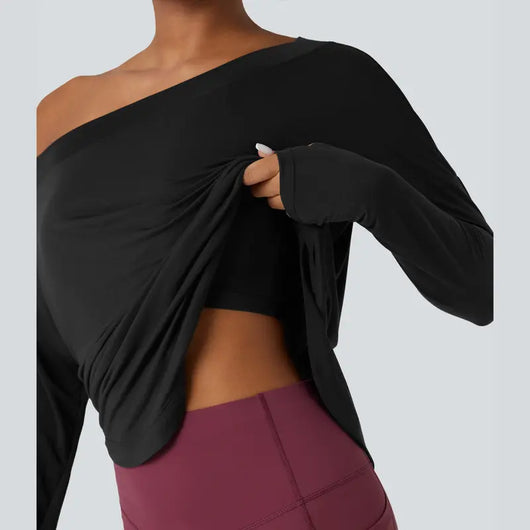 One-Shoulder Long-Sleeve Relaxed Top with Built-In Bra