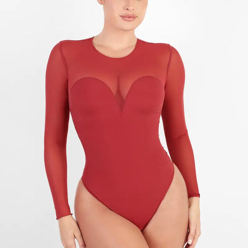 Deep V-Neck Sheer Lace Bodysuit with Built-In Bra & Tummy Control