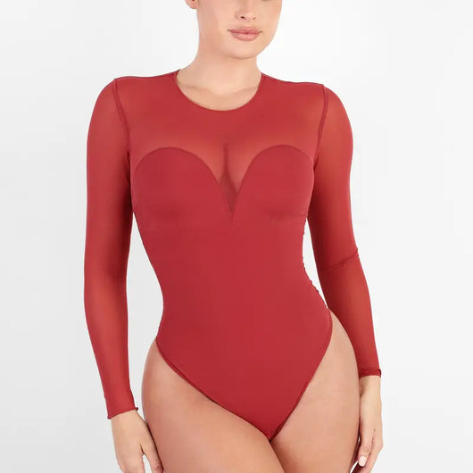 Deep V-Neck Sheer Lace Bodysuit with Built-In Bra & Tummy Control