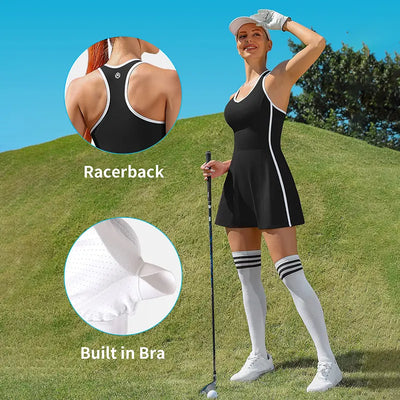V-Neck Racerback Tennis Dress with Built-In Bra and Shorts