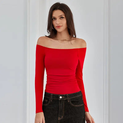 Off-the-Shoulder Long-Sleeve Ribbed Top with Built-In Bra
