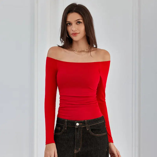 Off-the-Shoulder Long-Sleeve Ribbed Top with Built-In Bra