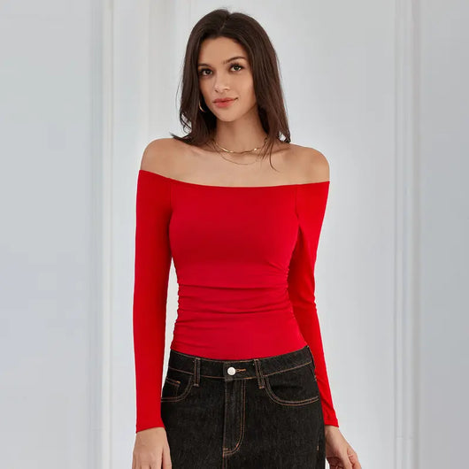 Off-the-Shoulder Long-Sleeve Ribbed Top with Built-In Bra