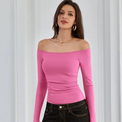 Off-the-Shoulder Long-Sleeve Ribbed Top with Built-In Bra