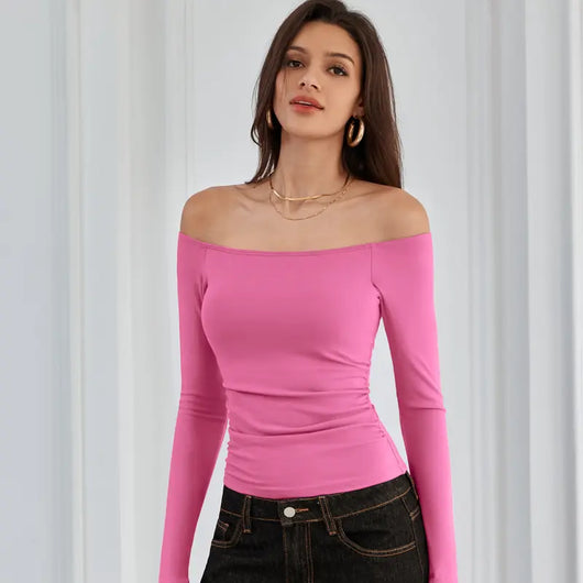 Off-the-Shoulder Long-Sleeve Ribbed Top with Built-In Bra