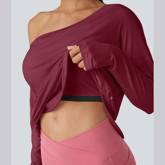 One-Shoulder Long-Sleeve Relaxed Top with Built-In Bra