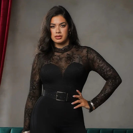 Deep V-Neck Sheer Lace Bodysuit with Built-In Bra & Tummy Control