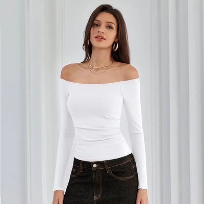 Off-the-Shoulder Long-Sleeve Ribbed Top with Built-In Bra