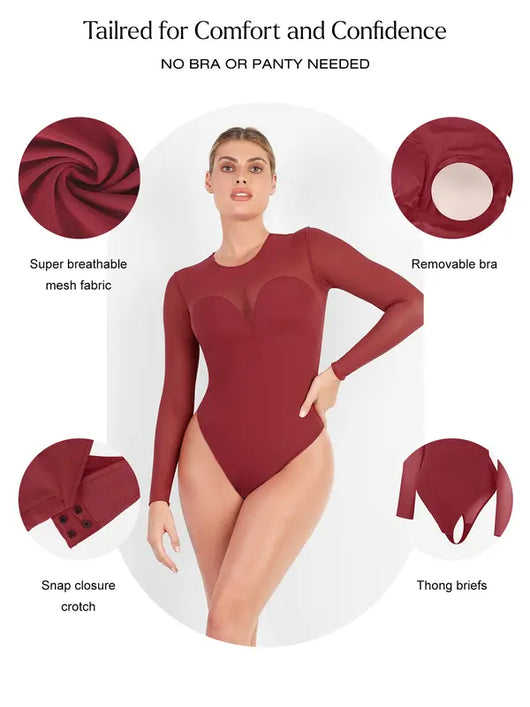 Deep V-Neck Sheer Lace Bodysuit with Built-In Bra & Tummy Control