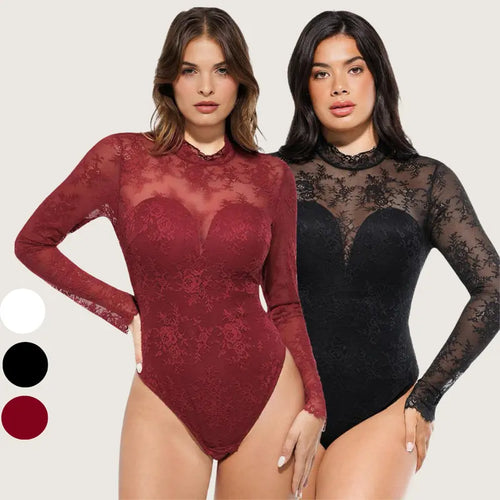 Deep V-Neck Sheer Lace Bodysuit with Built-In Bra & Tummy Control