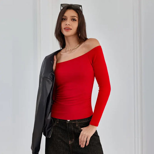 Off-the-Shoulder Long-Sleeve Ribbed Top with Built-In Bra