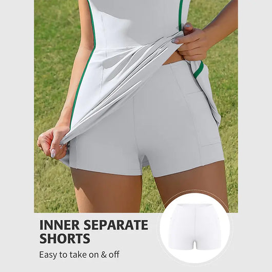 V-Neck Racerback Tennis Dress with Built-In Bra and Shorts